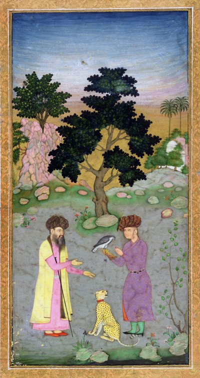 छोटे क्लाइव एल्बम से साथी और पालतू चीता के साथ फाल्कनर, c.1610-15 (पोस्ट पर अपारदर्शी लेख) द्वारा मुगल स्कूल