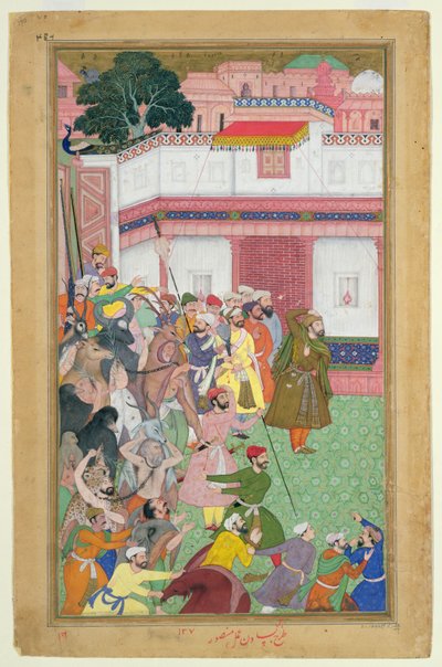 फतेपुर सिकरी, 1573: हसन क़ुली ख़ान-एल जहान ने अपने कैदियों को सम्राट अकबर (r.1556-1605) को पेश किया, अबुल फ़ाज़ी द्वारा बनाई गई अकबरनामा से, 1590-98 (कागज पर अपारदर्शी wc और सोना) द्वारा मुगल स्कूल