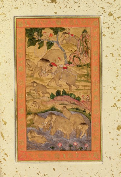 बड़े क्लाइव एल्बम से हाथी पर कब्जा करने वाले शिकारी, c.1760-65 (कागज पर चित्रित चित्र) द्वारा मुगल स्कूल