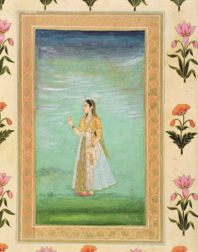 छोटा क्लाइव एल्बम (कागज पर अपारदर्शी wc) से फूल पकड़े हुए लेडी द्वारा मुगल स्कूल