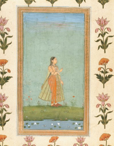 लेडी एक फूल को पकड़े हुए, लिली क्लाइव एल्बम (कागज पर अपारदर्शी wc) से एक लिली तालाब द्वारा खड़ी द्वारा मुगल स्कूल