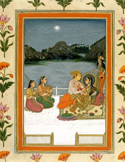 स्मॉल क्लाइव एल्बम (कागज पर अपारदर्शी wc) से एक चांदनी झील की छत पर प्रेमी द्वारा मुगल स्कूल