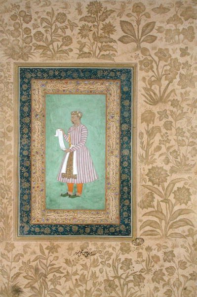 मुर्तजा खान का एक स्क्रॉल पकड़े हुए पोर्ट्रेट, c.1610 (चर्मपत्र पर गौचे) द्वारा मुगल स्कूल