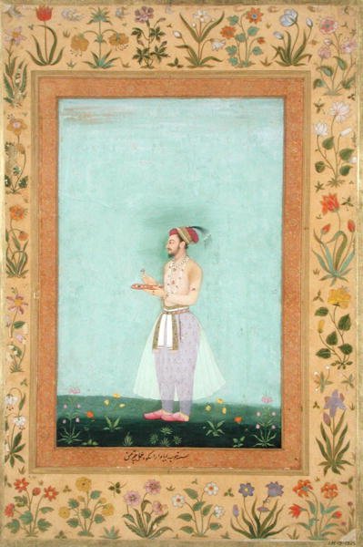 प्रिंस दारा शिकुह मिंटो एल्बम से गहनों की एक ट्रे पकड़े हुए हैं द्वारा मुगल स्कूल