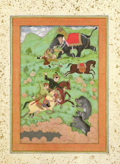 राजपूत राजकुमार भालू का शिकार करते हैं; एक महावत और उसके हाथी ने एक बाघ से गिरे घुड़सवार को बड़े क्लाइव एल्बम से बचाया द्वारा मुगल स्कूल
