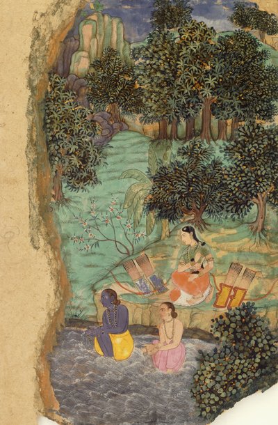 राम और लक्ष्मण मंदाकिनी नदी के तट पर अपने मृत पिता को जल अर्पित करते हैं, c.1595 द्वारा मुगल स्कूल