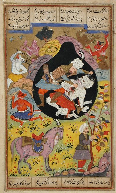 रुस्तम ने वाइट डिवा, 1608 को स्लेज द्वारा मुगल स्कूल