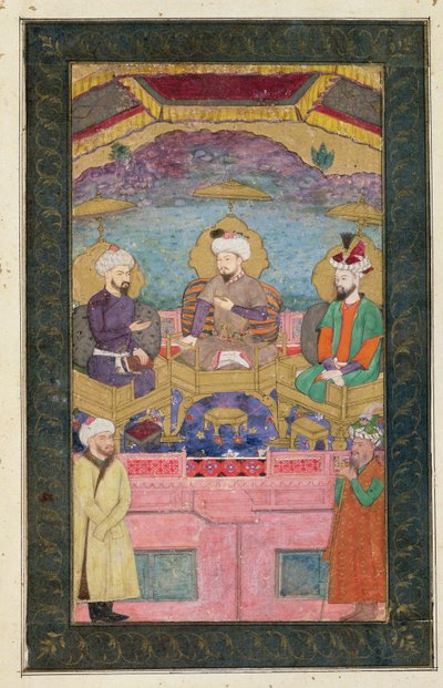 तैमूर (१३३६-१४०५), बाबर (१४26३-१५३०, आर १५२६-३०) और हुमायूँ (१५०ron-५६, आर .१५३०-५६) एक साथ, बड़े क्लाइव एल्बम से एक c17x मूल से द्वारा मुगल स्कूल