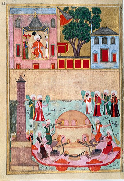 कॉन्स्टेंटिनोपल रेसकोर्स पेज में ग्लास ब्लोअर शो उपनाम-i हुमायूं (उपनाम i हुमायूं) या उस्मान द्वारा सचित्र 'उत्सव की पुस्तक' (एमएस। हेज़िन 1344) से लिया गया है। लगभग १५८२ (इस्तांबुल) इस्तांबुल, टोपकापी सेराय द्वारा मुगल स्कूल उस्मान