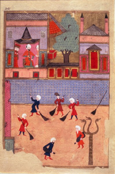 स्ट्रीट स्वीपर पृष्ठ उपनाम-i हुमायूँ (उपनाम i हुमायूँ) या 'उत्सव की पुस्तक' (ms. haazine 1344, fol. 341 a) से लिया गया है, जो उस्मान द्वारा सचित्र है। लगभग 1582 (इस्तांबुल) इस्तांबुल, टोपकापी सेराय द्वारा मुगल स्कूल उस्मान