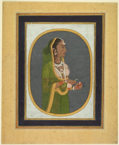 शराब पीती हुई कोर्ट लेडी, सी। 1760, सीमाओं सी। 1830 के दशक। द्वारा मुहम्मद रिज़वी हिंदी