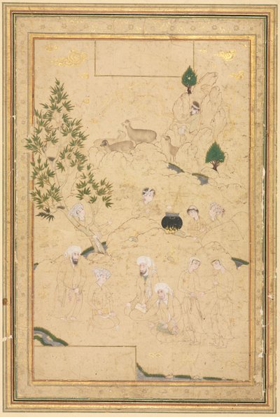 पहाड़ों में पिकनिक, सिंगल पेज इलस्ट्रेशन, सी। 1550-1600। द्वारा मुहम्मदी