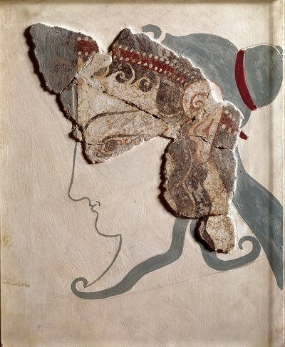माइसेनियन कला: स्त्री सिर। Tirynthe . के महल से फ्रेस्को का टुकड़ा द्वारा Mycenaean
