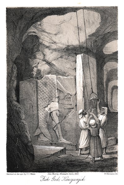 मछली के देवता, नीनवे, 1853 की एक कम राहत वाली नक्काशी का उत्खनन द्वारा एन। शेवलियर