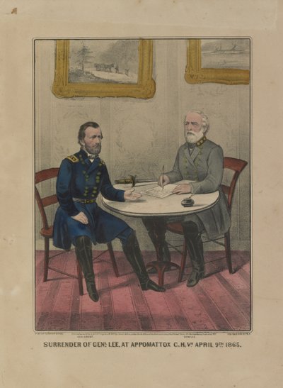 जनरल का समर्पण। ली, Appomattox CH Va. 9 अप्रैल को। 1865 (रंग लिथोग्राफ) द्वारा कैरियर और Ives