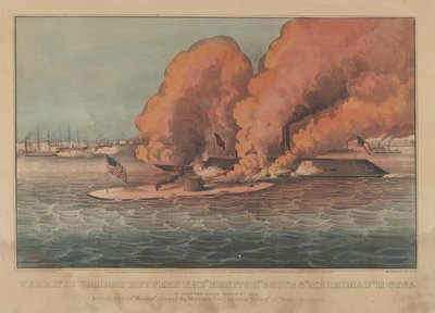 9 मार्च 1862 को हैम्पटन रोड्स में "मॉनिटर" 2 गन्स और "मेरिमैक" 11 गन्स के बीच भयानक मुकाबला (हाथ से रंग का लिथोग्राफ) द्वारा कैरियर और Ives