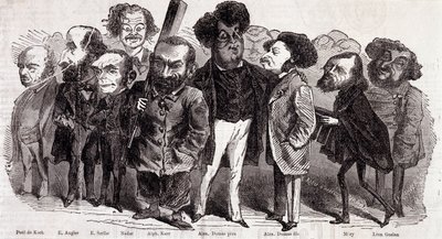 लेखक पॉल डी कॉक (1793-1871), एमिल ऑगियर (1820-1889), यूजीन स्क्राइब (1791-1861), फेलिक्स नादर, अल्फोंस कर (1808-1890), अलेक्जेंड्रे डुमास पेरे (1802-1870) और अलेक्जेंड्रे डुमास के चित्र जूनियर (1824-1895), जोसेफ मेरी (1798-1866) और लियोन गोजान (1803-1 .) द्वारा नादर