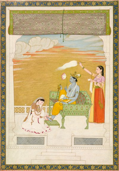 विष्णु के पैर की मालिश करती लक्ष्मी, सी. 1765-1770। निर्माता: नैनसुख, मंजू. द्वारा नैनसुख मंजू