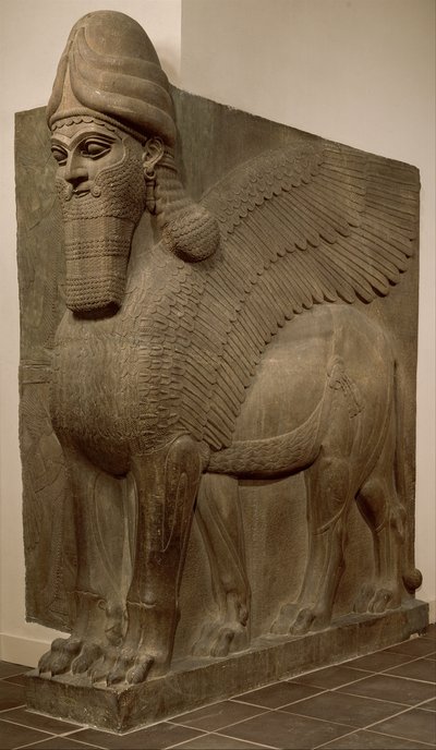 मानव-प्रधान पंखों वाला शेर (लामासु), c.883–859 ईसा पूर्व (जिप्सम अलबास्टर) द्वारा Neo Assyrian