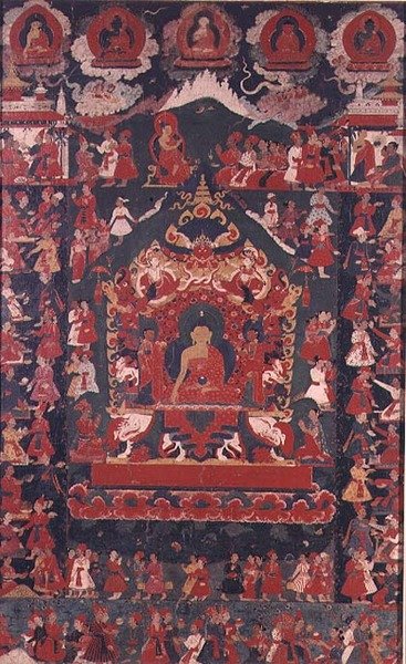 बुद्ध 'द प्रभा' (लटकते स्क्रॉल) से भिक्षा प्राप्त करने की प्रथा का उद्घाटन करते हुए द्वारा नेपाली स्कूल