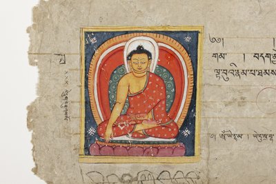 संभवत: महाशीतलिका से एक बौद्ध पांडुलिपि का पृष्ठ, c.1400 (अपारदर्शी जल रंग और कांच) द्वारा नेपाली स्कूल