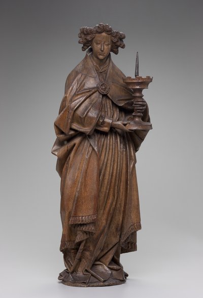 एंजेल होल्डिंग कैंडलस्टिक, c.1480-1500 (ओक) द्वारा नीदरलैंड के स्कूल