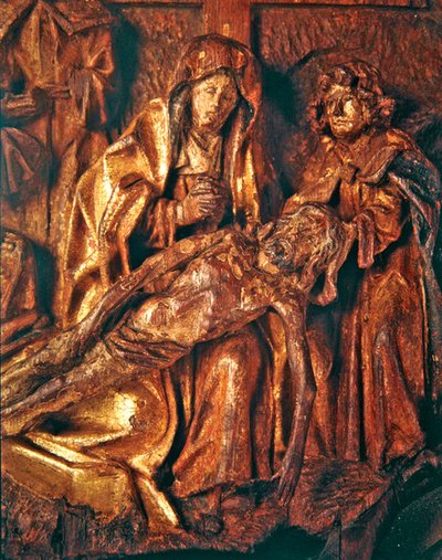मृत मसीह पर शोक, c.1500 (सोने का पानी चढ़ा हुआ और पॉलीक्रोमेड ओकवुड) द्वारा नीदरलैंड के स्कूल