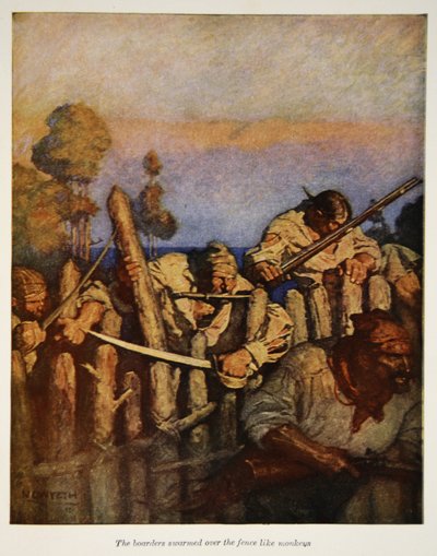 रॉबर्ट्स लुई स्टीवेन्सन, पब के &39;ट्रेजर आईलैंड&39; के एक चित्रण में, बंदरों की तरह बाड़ पर बोर्डर्स तैर गए। चार्ल्स स्क्रिबनर संस द्वारा, 1911 द्वारा न्यूवेल कन्वर्स व्याथ