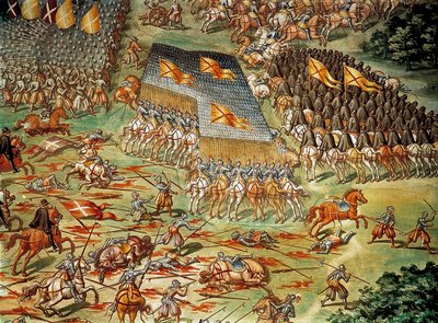 सेंट क्वेंटिन (सेंट क्वेंटिन) की लड़ाई, जिसने इतालवी युद्धों के दौरान 1557 में फ्रांसीसी पर स्पेनियों की जीत देखी, घुड़सवार सेना के हमले के साथ विस्तार द्वारा निकोलो (और कार्यशाला) ग्रानेलो