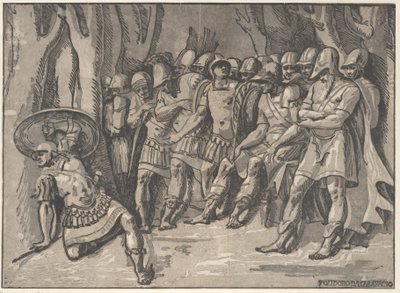 Ajax के निचले बाएँ में एक ढाल ऊपर है, दाईं ओर Agamemnon अपने ..., 1540-50 से घिरा हुआ है। द्वारा निकोलो विसेंटिनो