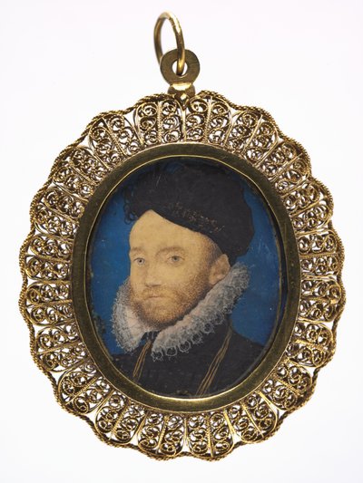 एक आदमी का पोर्ट्रेट, c.1590 (बाद के गिल्ट मेटल फ्रेम में वेल्लम पर w - c) द्वारा निकोलस हिलियार्ड