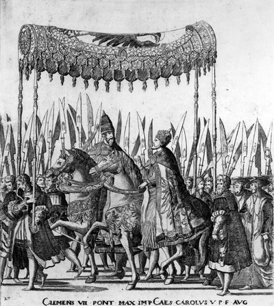 24 फरवरी 1530, प्लेट 27, c.1530 (472273 का विवरण) में बोलोग्ना में पोप क्लेमेंट VII और सम्राट चार्ल्स V की प्रविष्टि द्वारा निकोलस होजनबर्ग