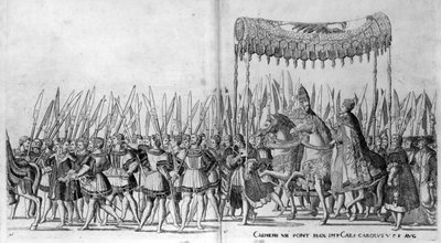 पोप क्लेमेंट VII और सम्राट चार्ल्स V की प्रविष्टि 24 फरवरी 1530, प्लेट 27, c.1530 द्वारा निकोलस होजनबर्ग