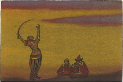 पोलोवेटियन, एक स्किमिटर के साथ, बोरोडिन के ओपेरा "प्रिंस इगोर", 1943 से "पोलोवेट्सियन डांस" के लिए पोशाक डिजाइन द्वारा निकोलस रोएरिच