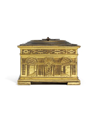 एलिजाबेथ I ने हड़ताली क्षैतिज तालिका घड़ी, c.1590-1600 (गिल्ट ब्रास) उकेरी द्वारा निकोलस वालिन