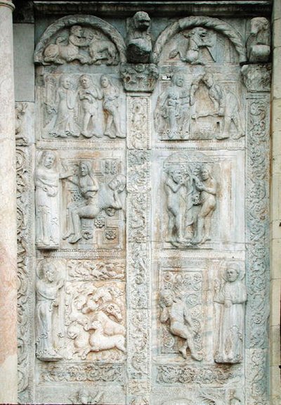 पश्चिमी पोर्च के दक्षिण की ओर से आदम और हव्वा की कहानी, c.1120-38 (संगमरमर) द्वारा निकोलस निकोलस