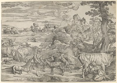 दाईं ओर एक दूधवाली और बाईं ओर एक लड़के के साथ लैंडस्केप, ca. 1535-40।, सीए। 1535-40। द्वारा निकोलो बोल्ड्रिनी