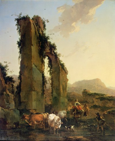 मवेशियों के साथ मवेशी एक बर्बाद Aqueduct, c.1655-60 (कैनवास पर तेल) द्वारा निकोलास पीटरसन। Berchem