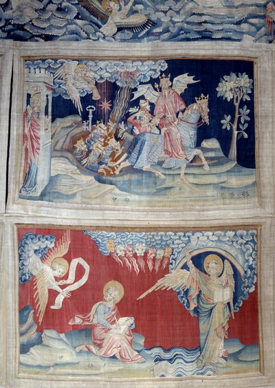 रहस्योद्घाटन की फांसी (१३७३-१३८३), एन. 24: पांचवीं तुरही: एक कुंजी टिड्डों को मुक्त करती है। नीचे, एन. २७, पुस्तक में देवदूत संत जॉन को दिखाई देते हैं जो सात टोनर की ध्वनि के लिए दिव्य संदेश को प्रसारित करते हैं। निकोलस बटेल द्वारा टेपेस्ट्री (133 .) द्वारा निकोलस बातिल