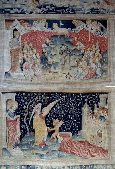 रहस्योद्घाटन की फांसी (१३७३-१३८३), एन. 47 सिय्योन पर्वत पर मेम्ना। नीचे, एन. 55 तब देवदूत पृथ्वी की दाखलता को उठाता है, जो परमेश्वर के कोप के बड़े भण्डार में डाल दी जाती है, और कुण्ड उमड़ पड़ता है, और लहू फिर जाता है। निकोलस बटैले द्वारा टेपेस्ट्री (1330-1 द्वारा निकोलस बातिल