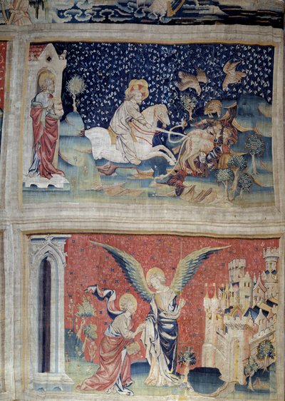 रहस्योद्घाटन की फांसी (१३७३-१३८३), एन. 70: परमेश्वर का वचन बीट्स को लोड करता है। एन। 74: एंजेल और जेरूसलम न्यू से पहले सेंट जॉन। निकोलस बटैले द्वारा टेपेस्ट्री (1330-1405) द्वारा निकोलस बातिल