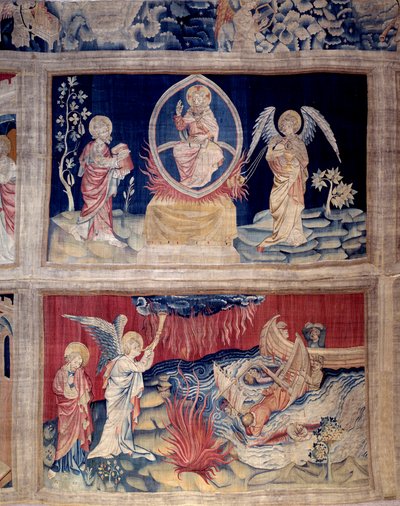 रहस्योद्घाटन का पर्दा (१३७३-१३८३), नहीं। १५ और १८: भगवान और सेंट जॉन जब आपदा देखते हैं तो रोते हैं। निकोलस बटैले द्वारा टेपेस्ट्री (1330-1405) द्वारा निकोलस बातिल