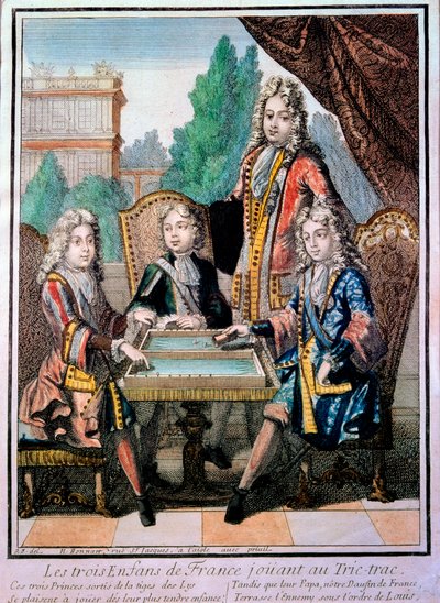लुई XIV के पोते (1638-1715), बरगंडी के लुई ड्यूक (डी। 1712), फिलिप, अंजु के ड्यूक (1683-1746), और चार्ल्स, ड्यूक ऑफ बेरी अपने पिता लुइस (डी। 1711), डॉल्फ़िन के साथ फ्रांस का, ट्रिक ट्रैक खेल रहा है (ट्रिकट्रैक या ट्रिक्ट्रैक: बैकगा का पूर्वज द्वारा निकोलस बोनार्ट