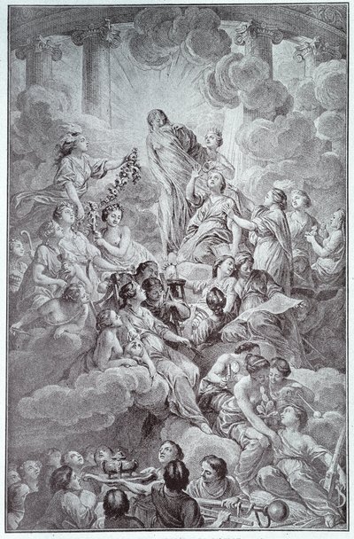 डेनिस डाइडरोट (1713-1784) के विश्वकोश का फ्रंटिसपीस और कोचीन द्वारा जीन ले रोंड डी'एलेम्बर्ट (कारण का रूपक?) द्वारा निकोलस कोचीन