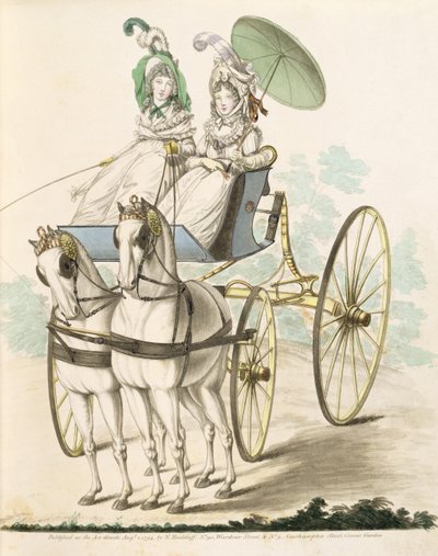 निकोलस हीडेलॉफ की गैलरी ऑफ़ फैशन, वॉल्यूम I, अगस्त 1794 (प्रिंट) से दो महिलाओं, एन नेगली, एक फेटन में एक प्रसारण करते हुए द्वारा निकोलस वॉन हीडेलोफ़