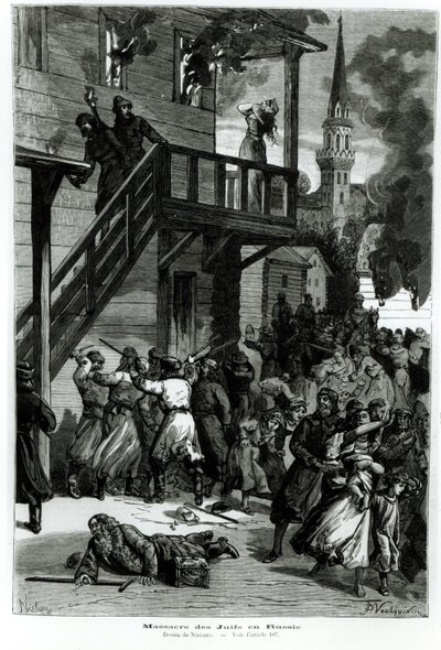 रूस में यहूदियों का वध, ले जर्नल इलस्ट्र्रे से गुस्ताव वौलकिन (fl.1880-90) द्वारा उत्कीर्ण, जून 1881 (bw फोटो) द्वारा नीलसन
