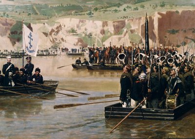 रूसियों ने जूनी 1877, 1870 के दशक में Svishtov में डेन्यूब को पार किया द्वारा निकोलाई दिमित्रिगिच दिमित्रिक ओरेनबर्गस्की