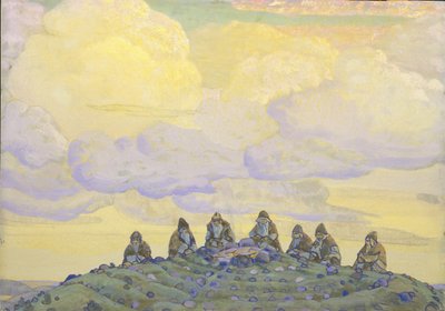 महान बलिदान। आई। स्ट्राविंस्की, 1910 द्वारा बैले द रीट ऑफ स्प्रिंग ले सैकरे डु प्रिंटेम्प्स के लिए स्टेज डिजाइन द्वारा निकोलाई कोन्स्टेंटिनोवाइट्स रोएरिच