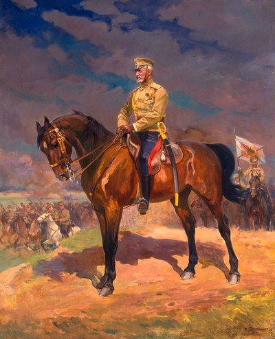 ग्रैंड ड्यूक निकोलाई निकोलायेविच का पोर्ट्रेट 1856-1929 घोड़े की पीठ पर, 1910। द्वारा निकोलाई शिमोनोविच समोकिश