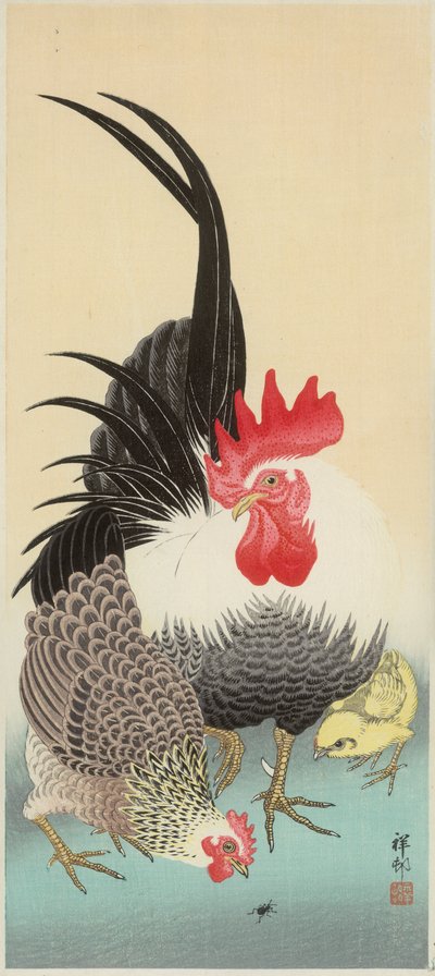 चींटी के साथ मुर्गा, मुर्गी और चूजा (रंगीन वुडब्लॉक प्रिंट) द्वारा Ohara Koson